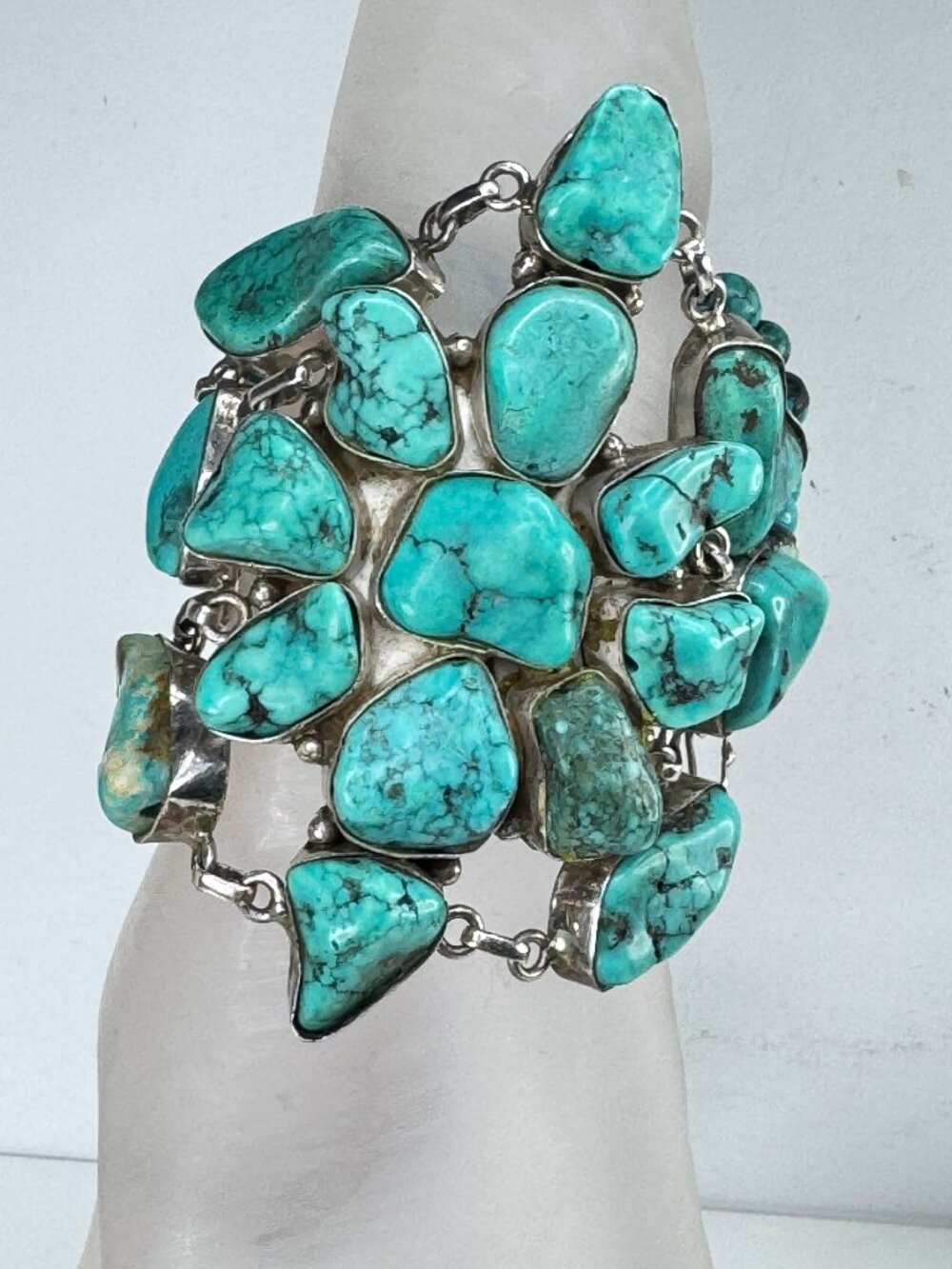 Handmade Sterling Chunky Turquoise Coral etch Statement Bracelet 88.3g 8" JR2011